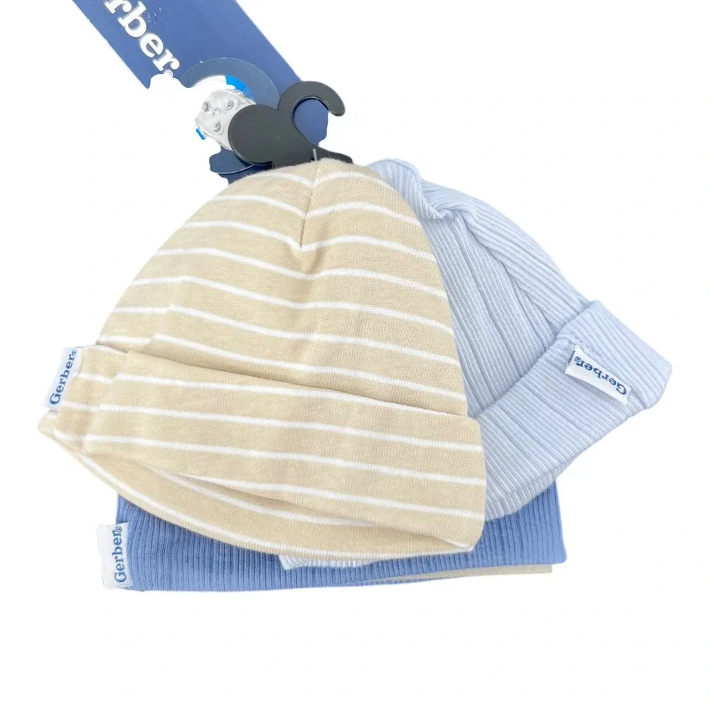 Gerber Hat Set Newborn NB Blue Tan 3 Pack Bear Ears Ribbed Striped Cotton Caps